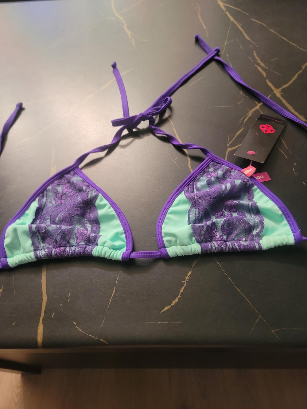 Chynna DOLLS Mint & Lavender String Triangle Bikini Top And Bottom.